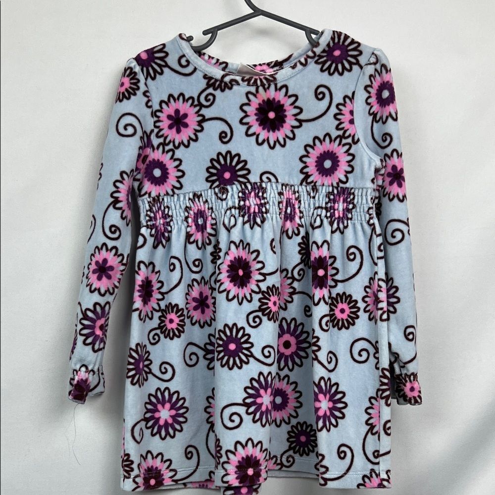 Flapdoodles blue purple pink floral velour smock waist dress size 6 EUC
